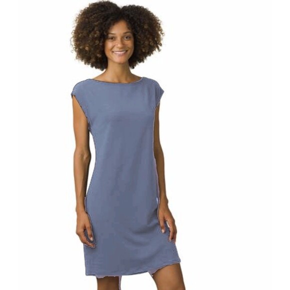 PRANA Sanna Dress L Blue Boatneck T-Shirt Mini Cap Sleeve Casual EUC B72 - Picture 1 of 6